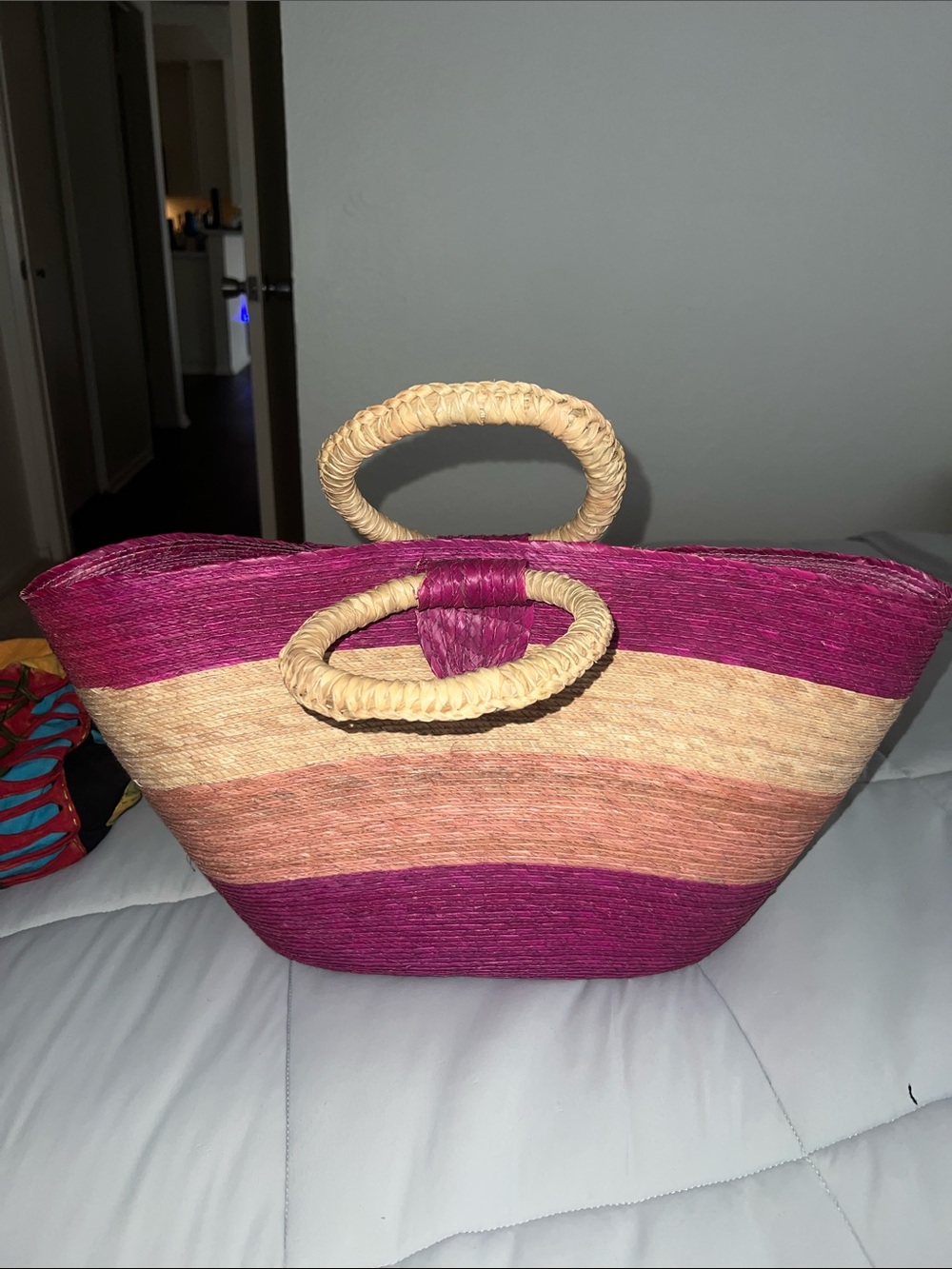 Woman Straw Tote Bag - Pink and Natural Stripes